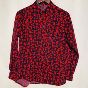 Mango Womens Navy Blue And Red Floral Print Button Down Shirt Size 2